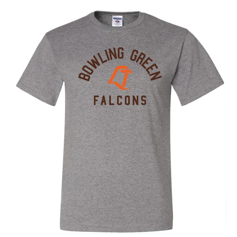 JU LT Logo Brown and Orange Arched Falcons Oxford Grey SS Tee
